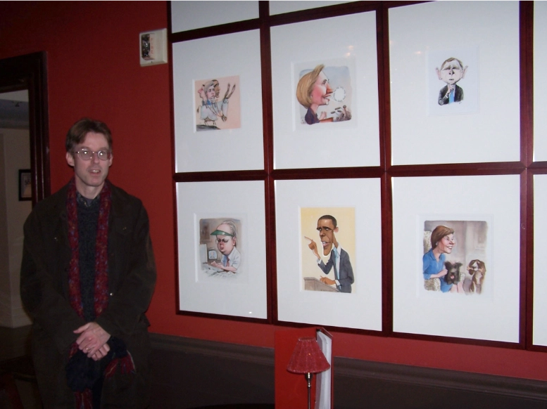 Richard Thompson posting with his political caricatures