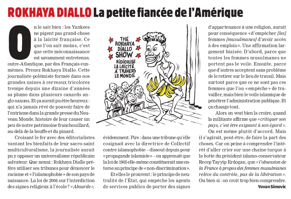 Charlie Hebdo article with cartoon of Rokhaya Diallo
