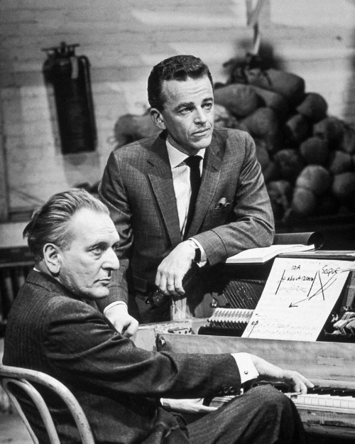 Publicity photo, circa 1962, of American musical theater writing duo Lerner and Loewe: lyricist Alan Jay Lerner (at right) and composer Frederick Loewe (left).