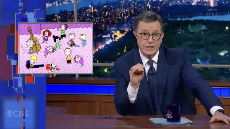 Scene from May 22 broadcast of The Late Show with Stephan Colbert with Colbert's bit on illegal use of "Linus and Lucy."