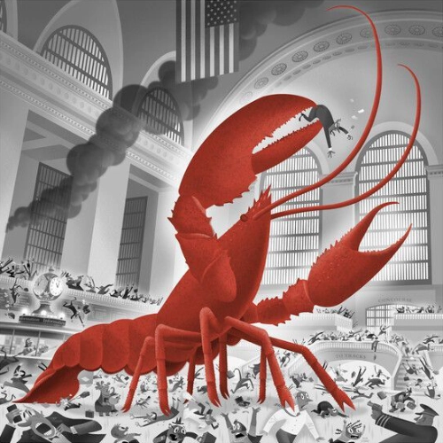 Bob Staake illustration of giant lobster wreaking havoc in Grand Central Station