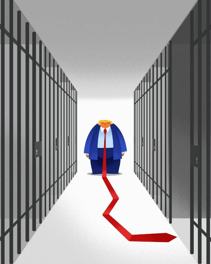 Illustration depicting Donald Trump in a hall of jail cells with his long tie running down the hall pointing to an empty cell.