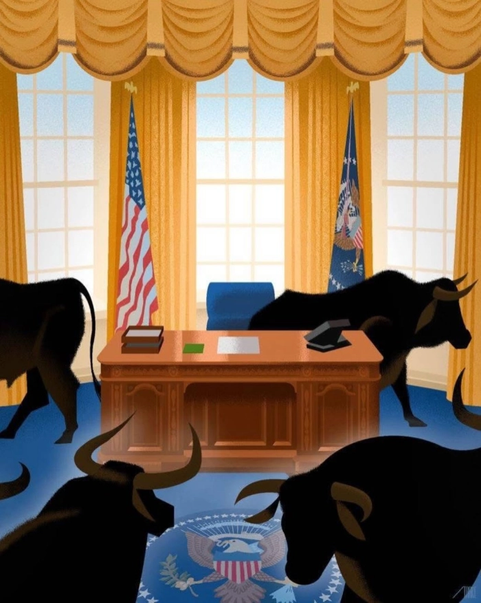 New Yorker illustration depicting bulls loose in the Oval Office.