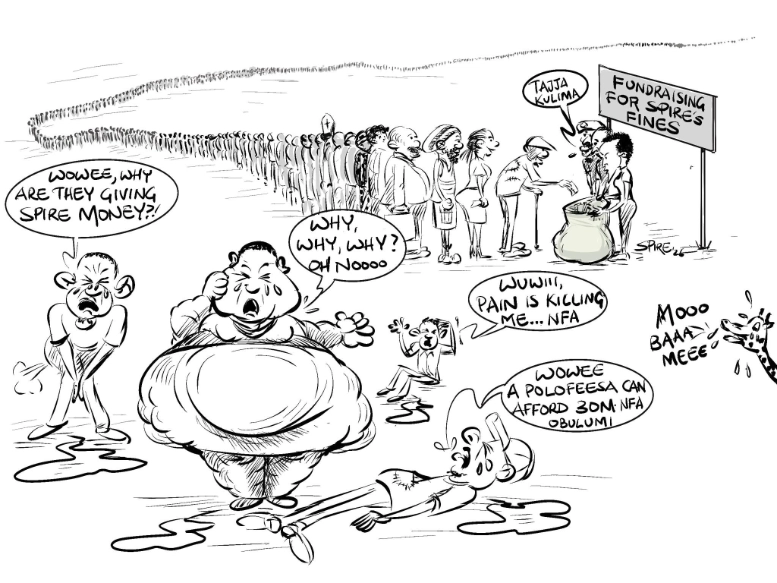 Jimmy Spire Ssentongo cartoon depicting lines of supporters helping pay for his court fees.