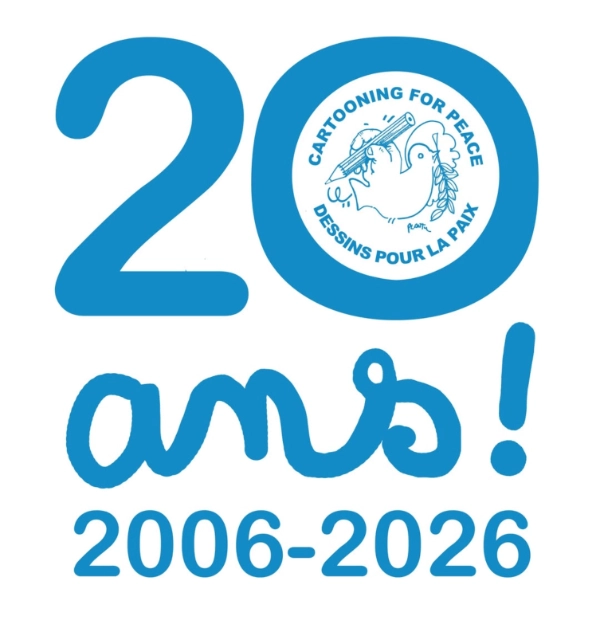 Cartoon depicting Cartooning for Peace turning 20 years old.
