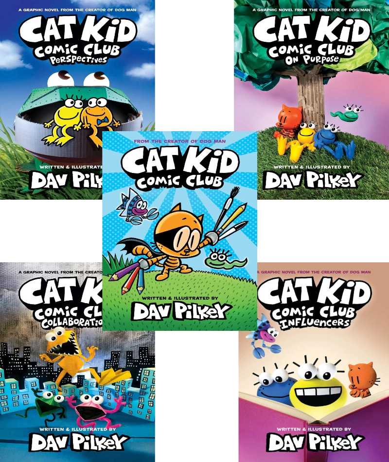 All five book covers from Dav Pilkey's Cat Kid Comic Club series