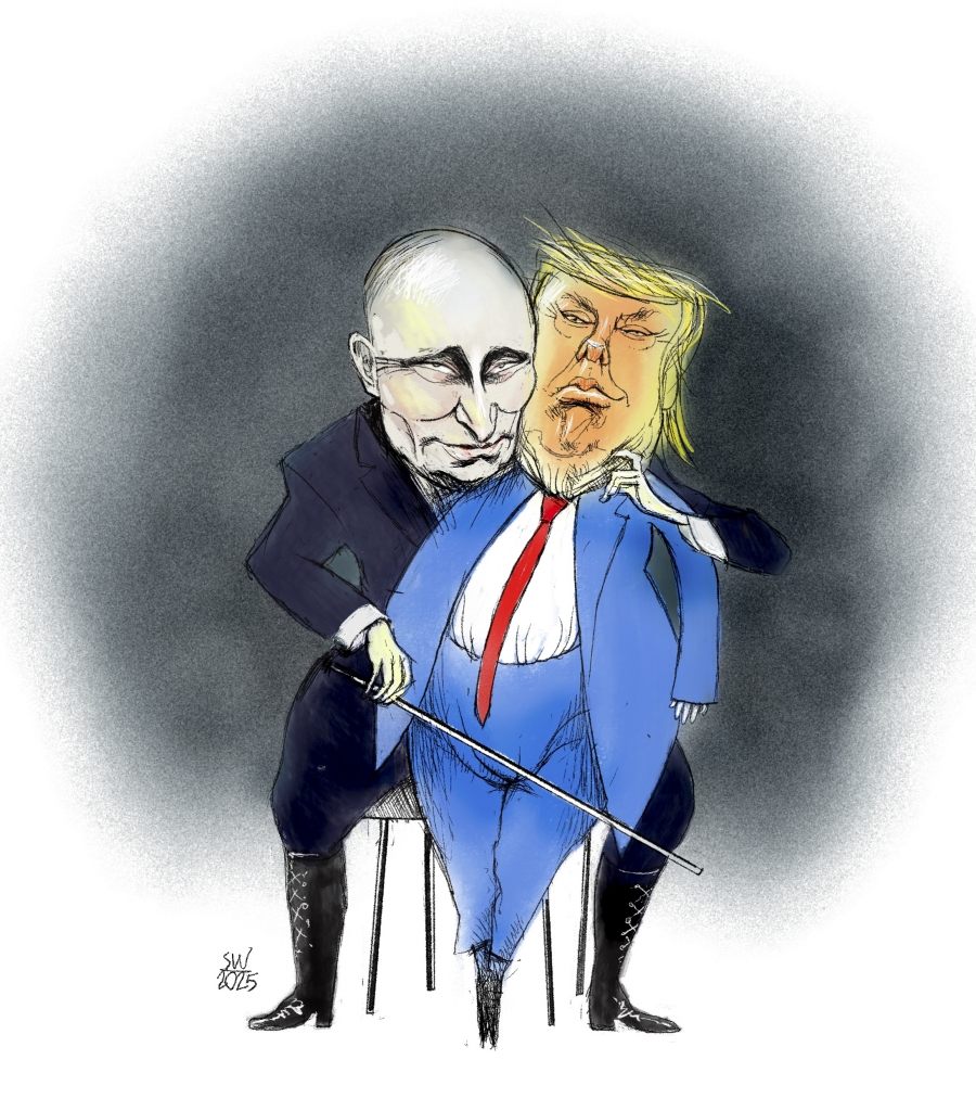 Cartoon by Siegfried Woldhek depicting Donald Trump as a cello and Vladimir Putan playing Trump.