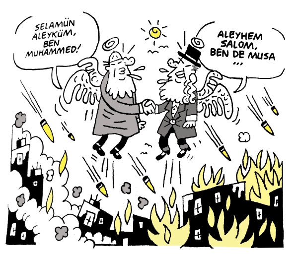 Doğan Pehlevan cartoon depicting Moses and Muhammad shaking hands. Cartoon ran in LeMan Magazine.